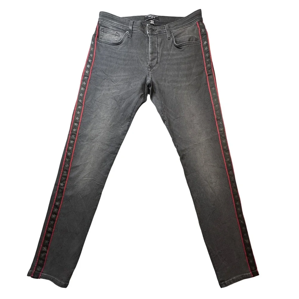 Forever 21 Jeans Mens 34x33 Black Denim Red Star Stripes Button Fly Pants